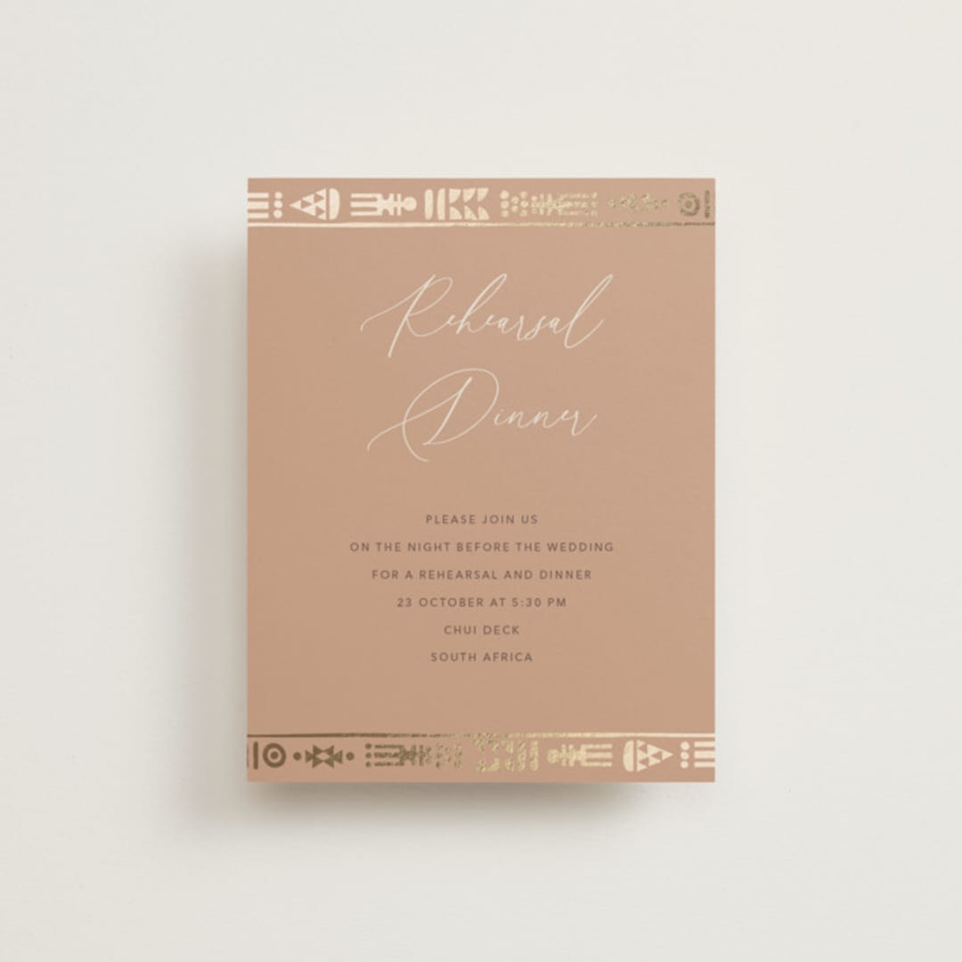 "Cultured Element" - Foil-Pressed Rehearsal Dinner Cards in Sahara by David Michuki - Front