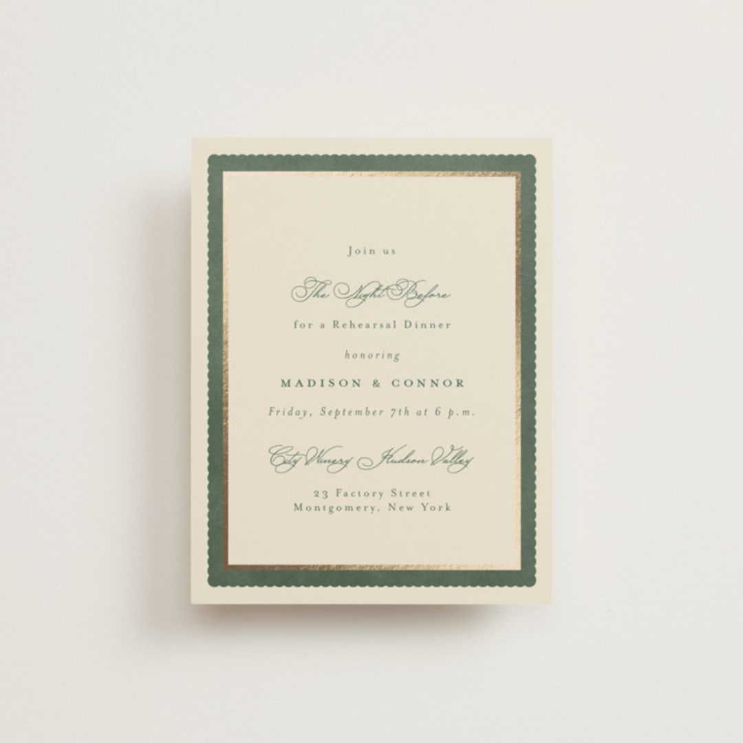 "Vintage Oval" - Foil-Pressed Rehearsal Dinner Cards in Rosemary by Emily Betts - Front