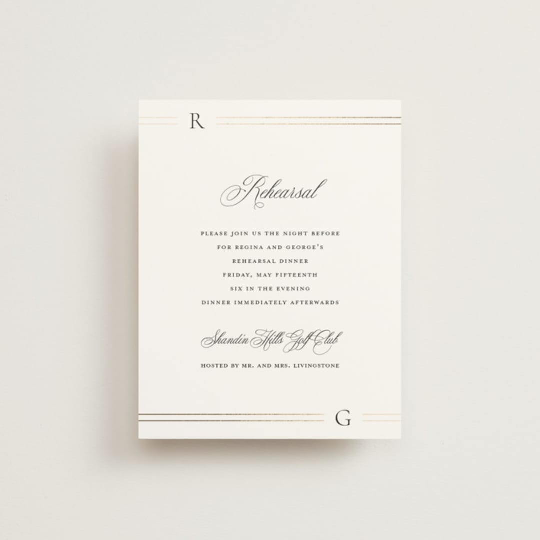"Elencourt" - Foil-Pressed Rehearsal Dinner Cards in Quartz by Jelena Vuletic - Front