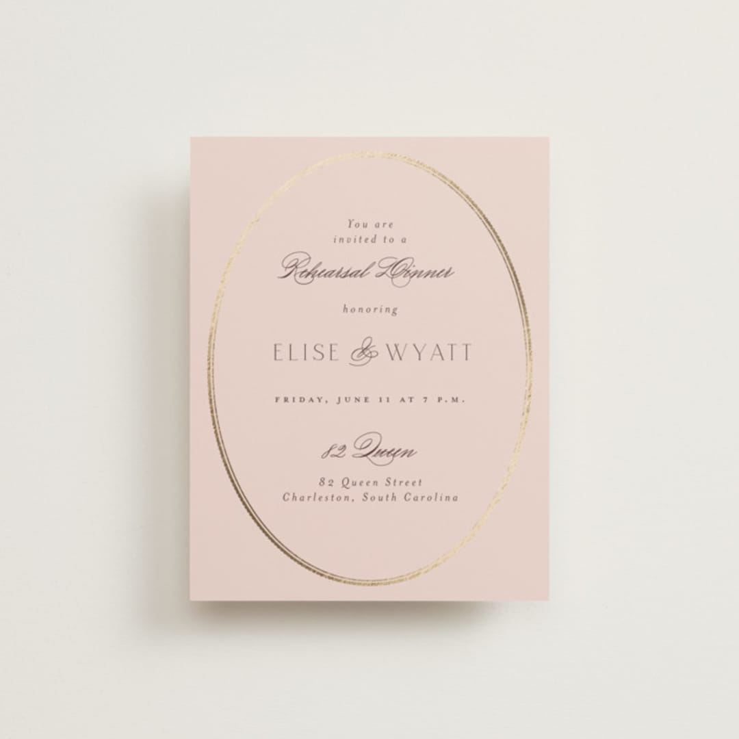 "Scallop Monogram" - Foil-Pressed Rehearsal Dinner Cards in Rose Quartz by Emily Betts - Front