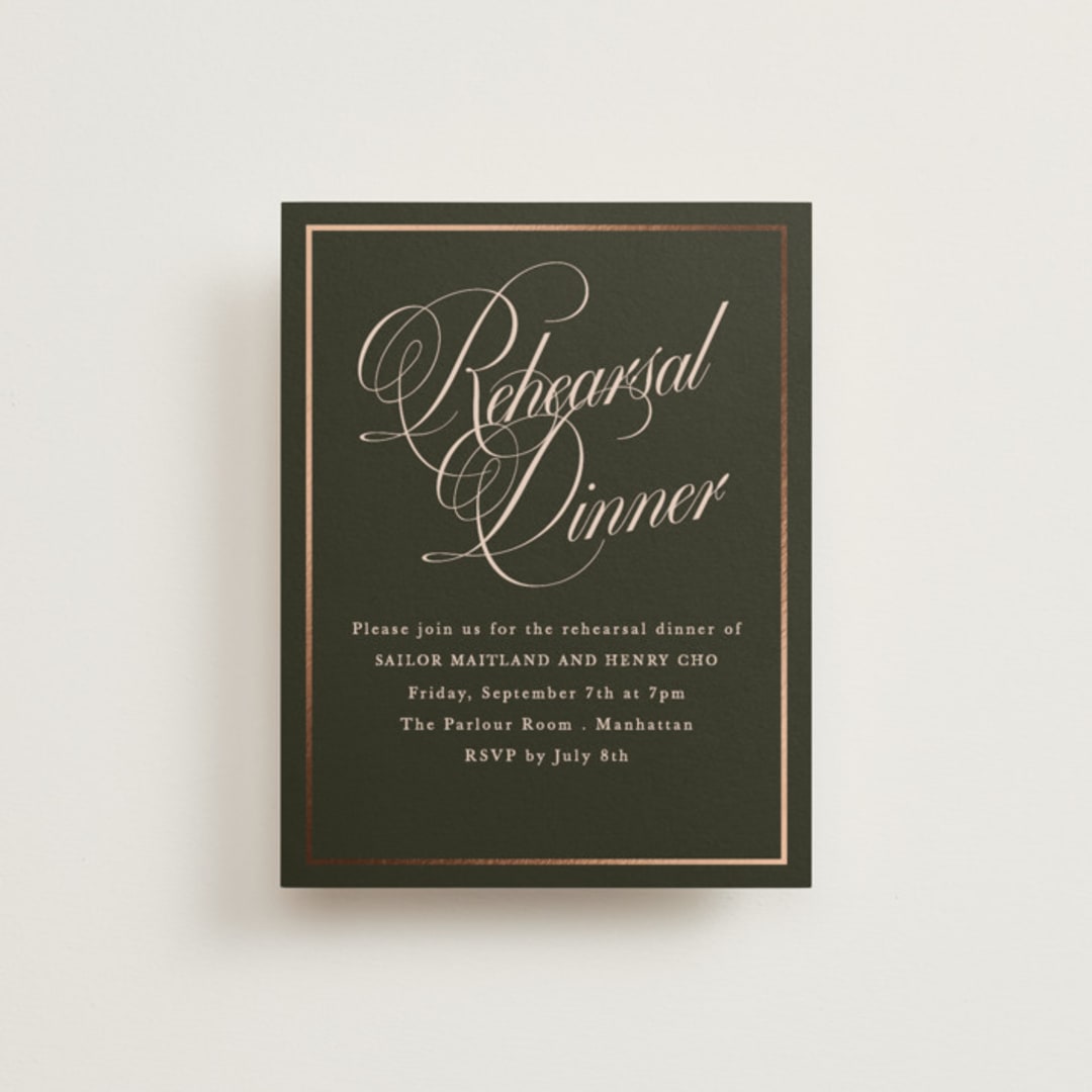"Playbill" - Foil-Pressed Rehearsal Dinner Cards in Midnight Forest by Morgan Kendall - Front