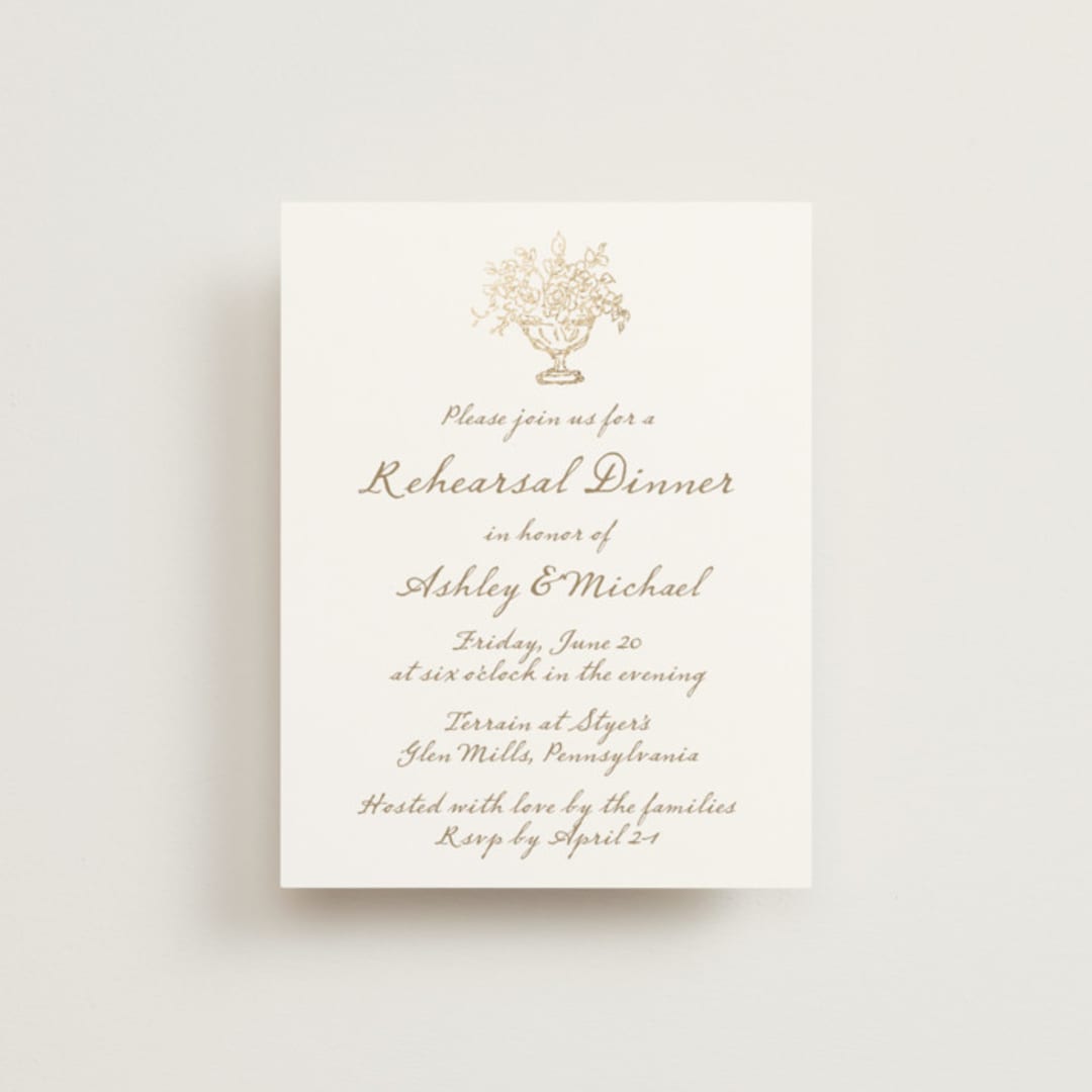 "Boho flower crest" - Foil-Pressed Rehearsal Dinner Cards in Ivory by Cass Loh - Front