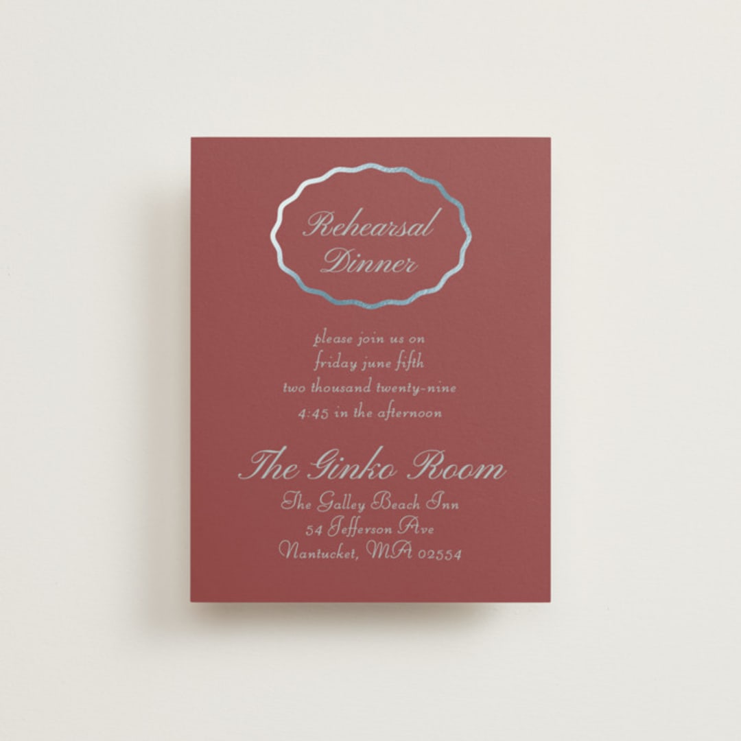 "Scallop Frame" - Foil-Pressed Rehearsal Dinner Cards in Burgundy by Baumbirdy - Front