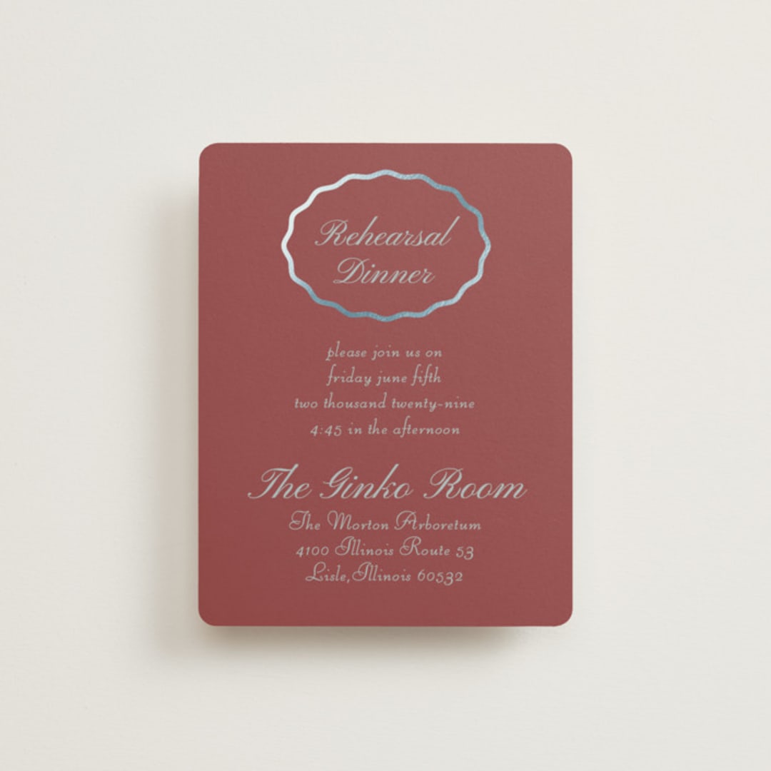 "Scallop Frame" - Foil-Pressed Rehearsal Dinner Cards in Burgundy by Baumbirdy - Front