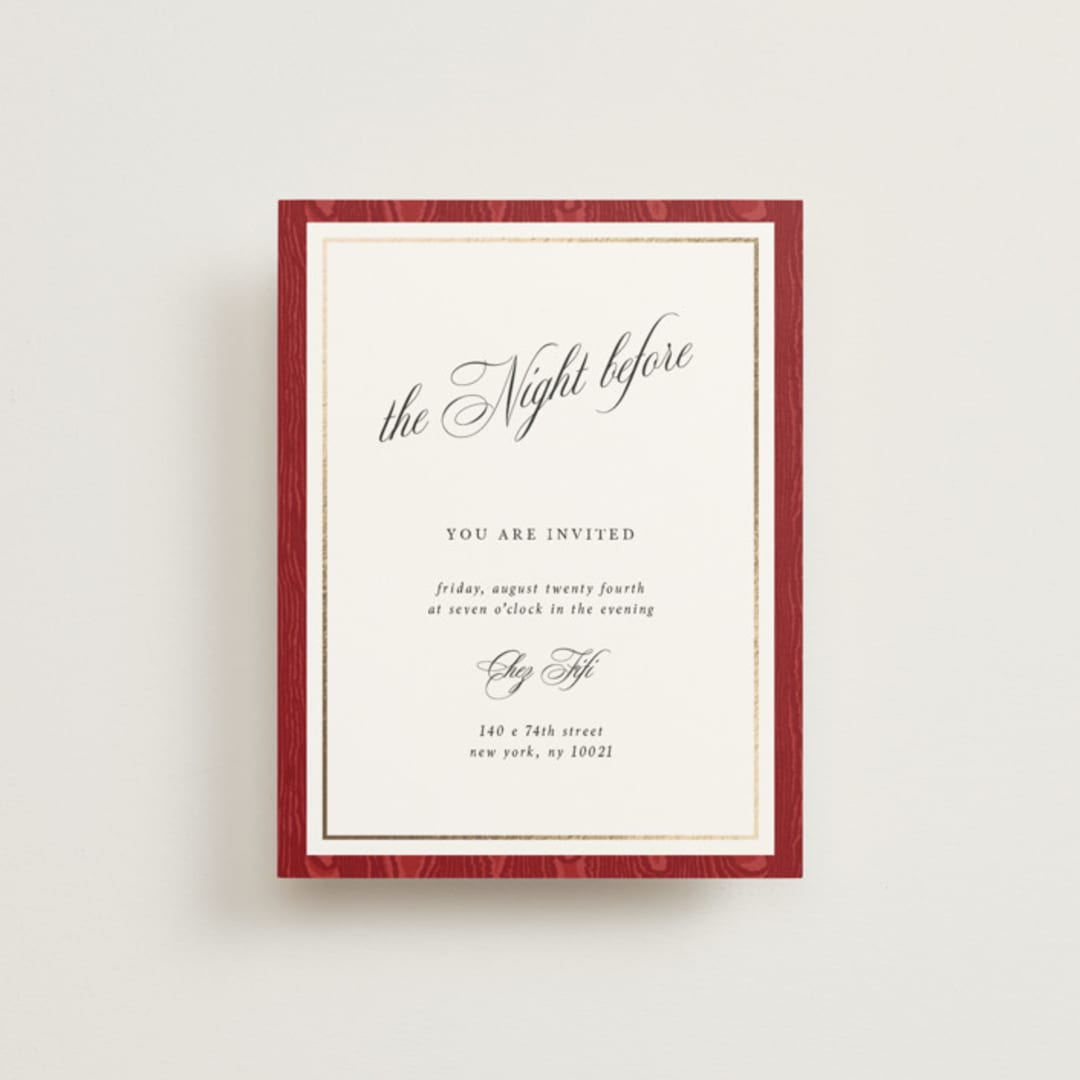 "Moiré" - Foil-Pressed Rehearsal Dinner Cards in Crimson by Studio Suku - Front