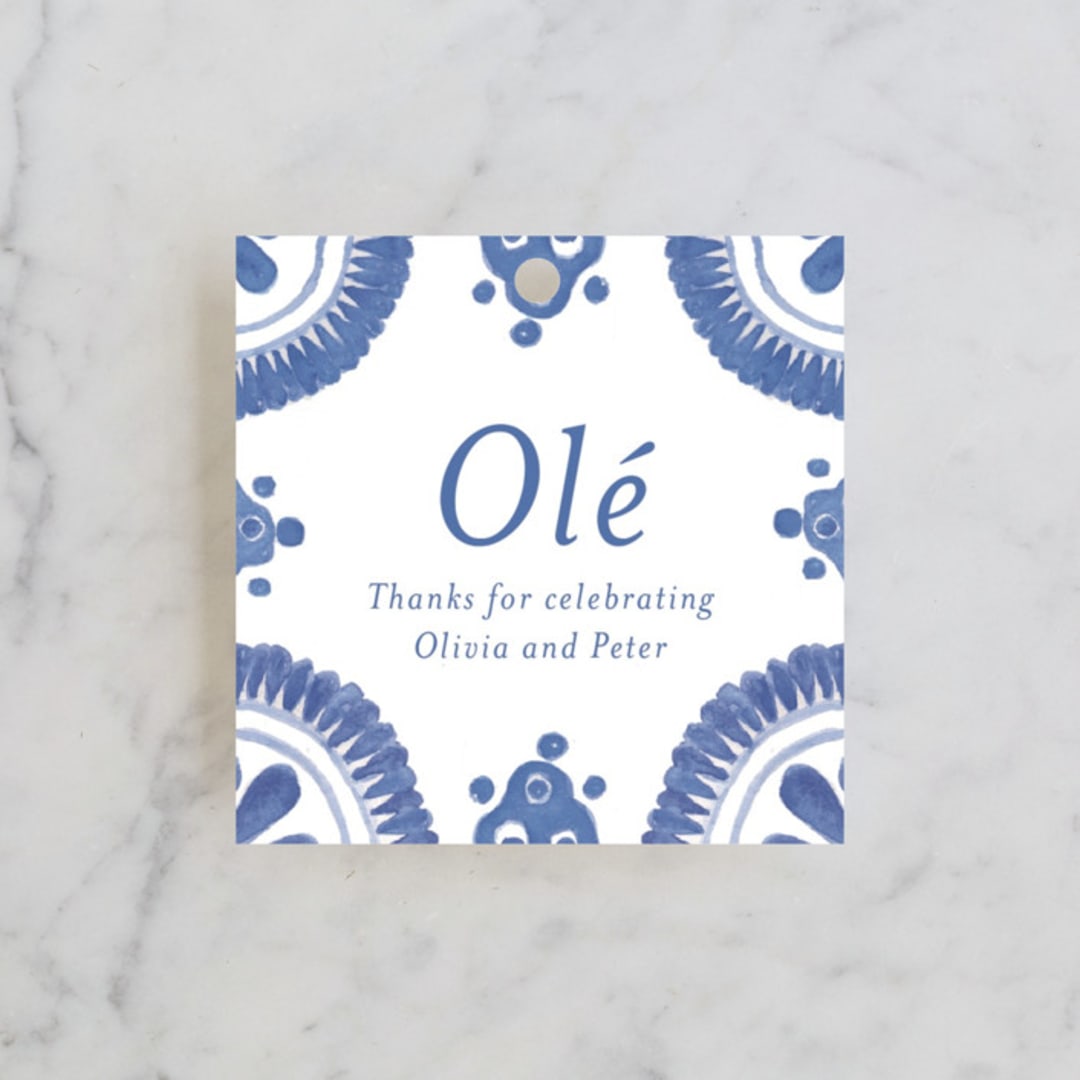 "Talavera" - Rehearsal Dinner Favor Tags in Azure by Lagniappe Paper - Front