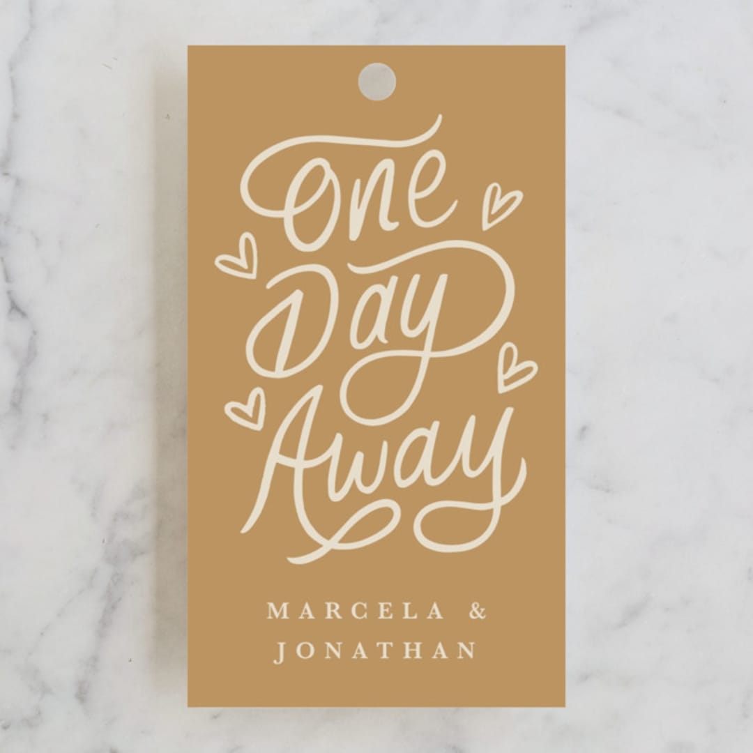 "One Day Away Place Setting" - Rehearsal Dinner Favor Tags in Tan by Becky Nimoy - Front