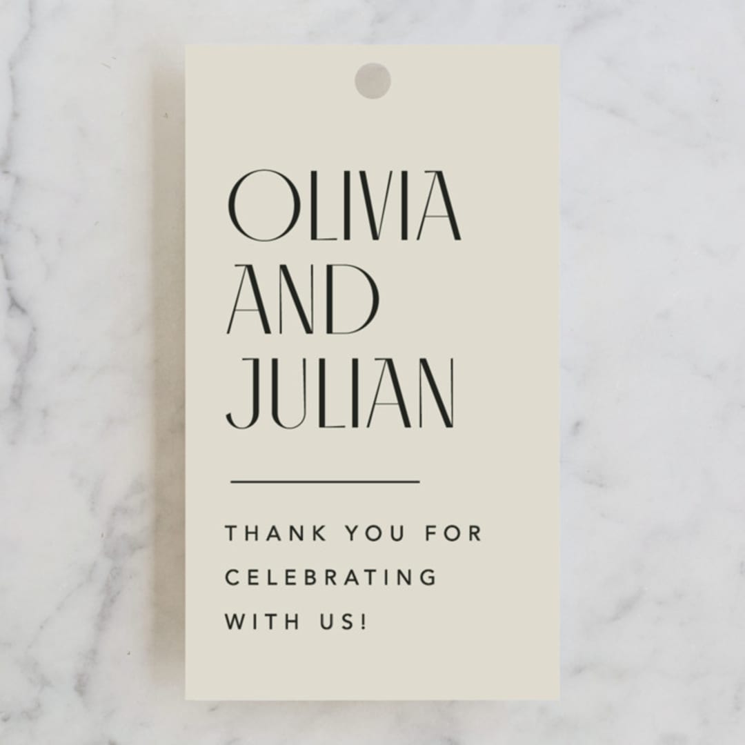"Modern Stack" - Rehearsal Dinner Favor Tags in Sand by Robert and Stella - Front