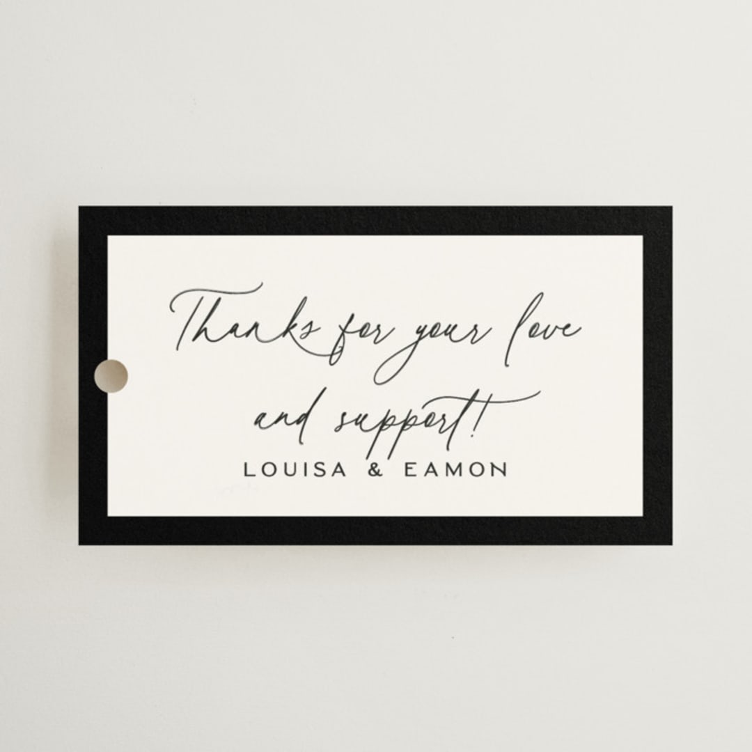 "Dashing Script" - Rehearsal Dinner Favor Tags in Peppercorn by Olivia Raufman - Front