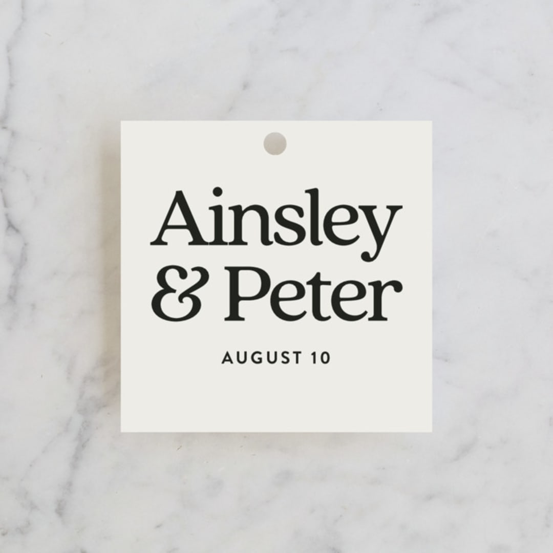 "Stay for Cake" - Rehearsal Dinner Favor Tags in Cloud by Jackie Crawford - Front