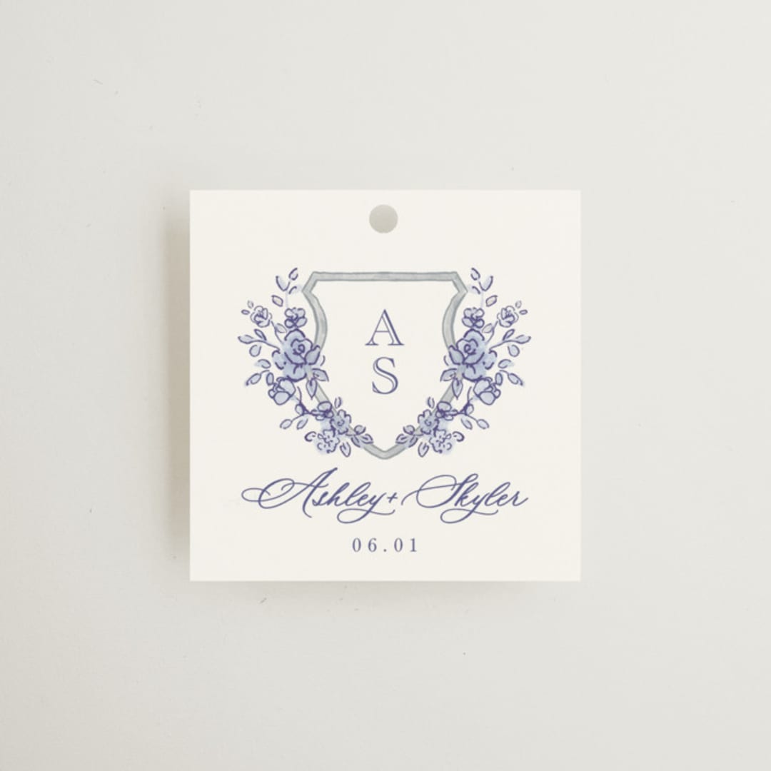 "watercolor flowers crest" - Rehearsal Dinner Favor Tags in Dusty Blue by Cass Loh - Front