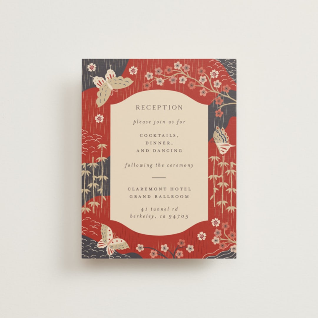"Japanese Textile" - Reception Cards in Rose by Jennifer Holbrook - Front