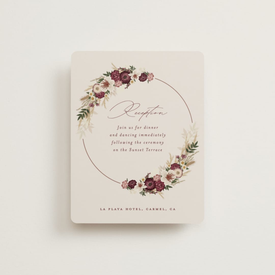 "Dried Floral Wreath" - Reception Cards in Cabernet by Erin Deegan - Front