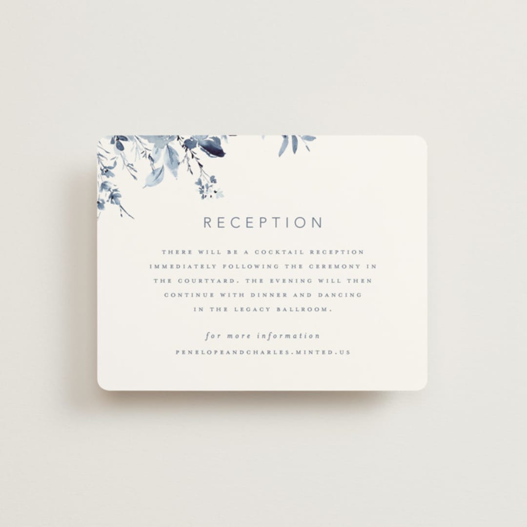 "Love Story" - Reception Cards in Indigo by Leah Bisch - Front