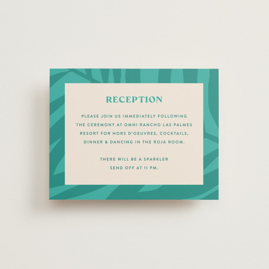 "The Palm" - Reception Cards in Flamingo by Pixel and Hank - Front