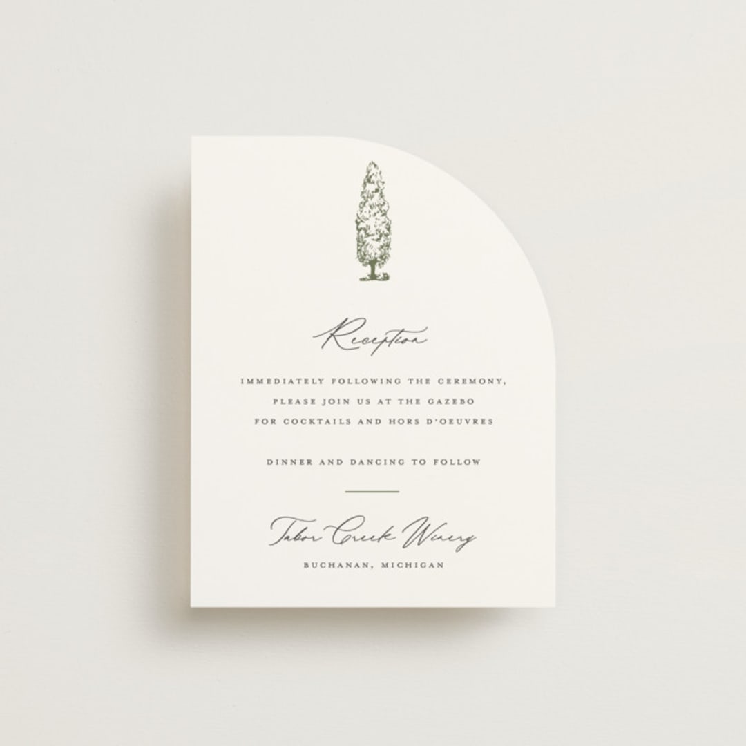 "Vineyard" - Reception Cards in Olive by Sarah Brown - Front