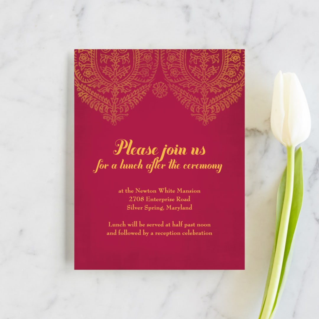 "Anand Karaj" - Reception Cards in Coral by Ann Gardner - Front