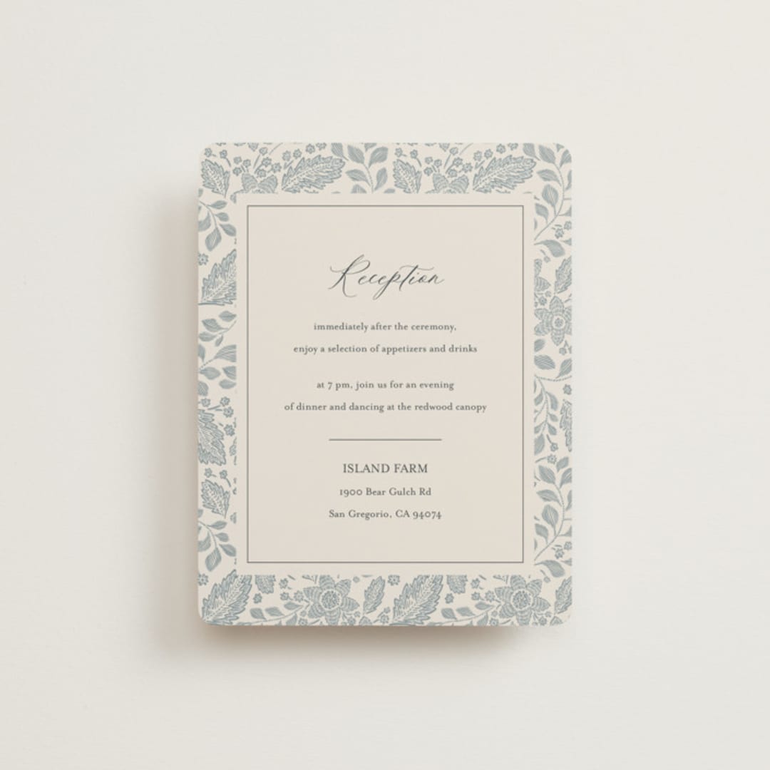 "Embroidered" - Reception Cards in Dusty Blue by Jen Owens - Front