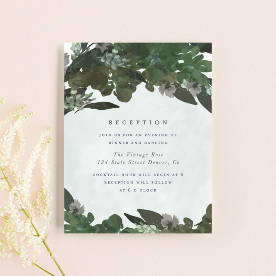 "Foliage Wreath" - Reception Cards in Evergreen by Grace Kreinbrink - Front
