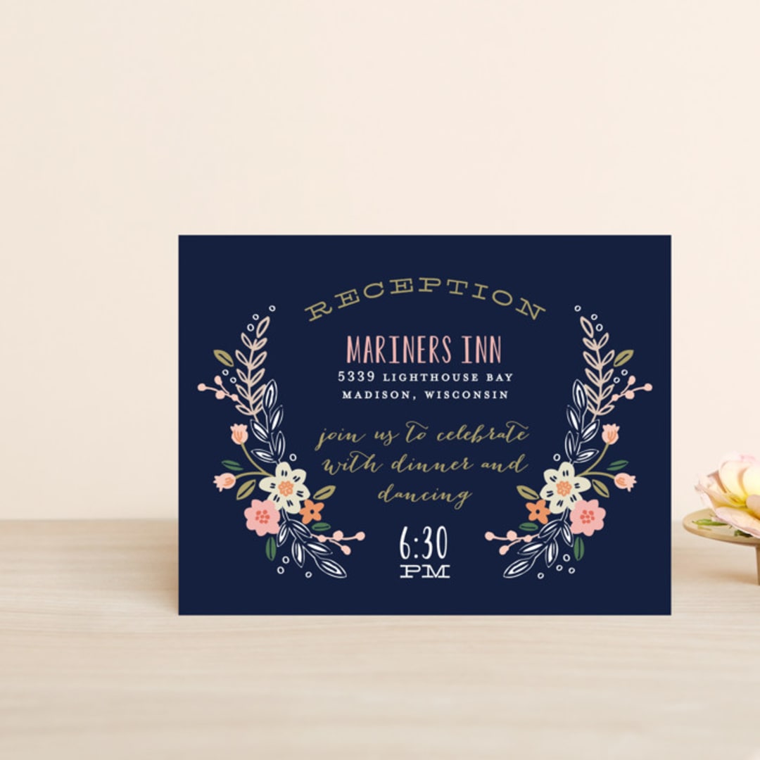 "Wildflower Crest" - Reception Cards in Navy by Alethea and Ruth - Front