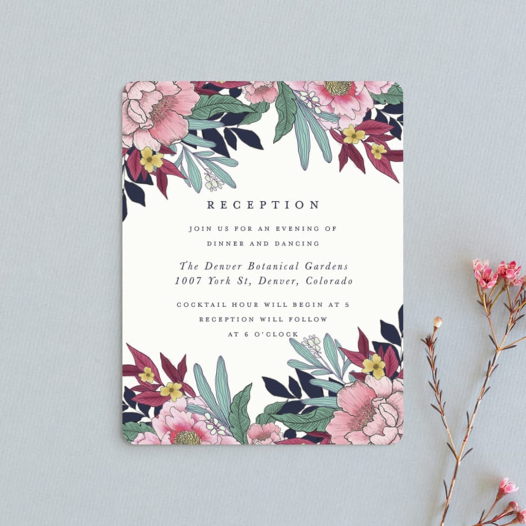 "Vintage Boughs" - Reception Cards in Merlot by Grace Kreinbrink - Front
