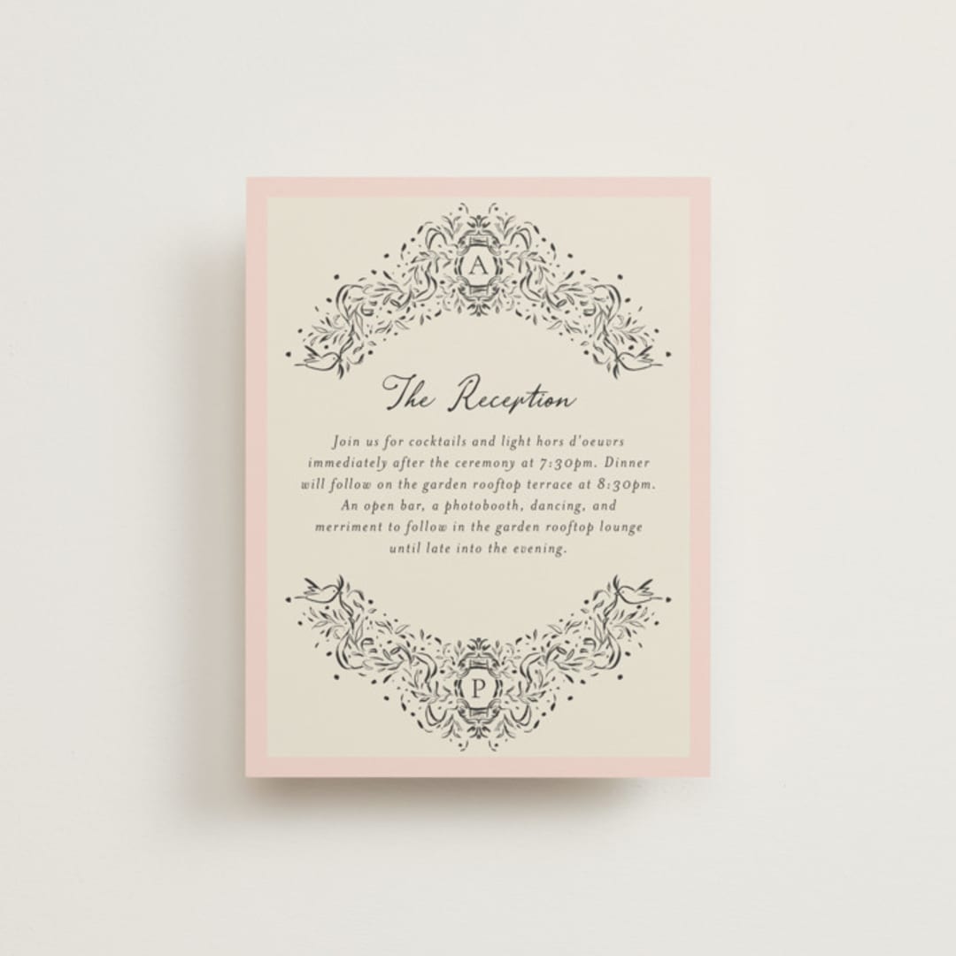 "Hand Illustrated Crest" - Reception Cards in Peony by Jackie Crawford - Front