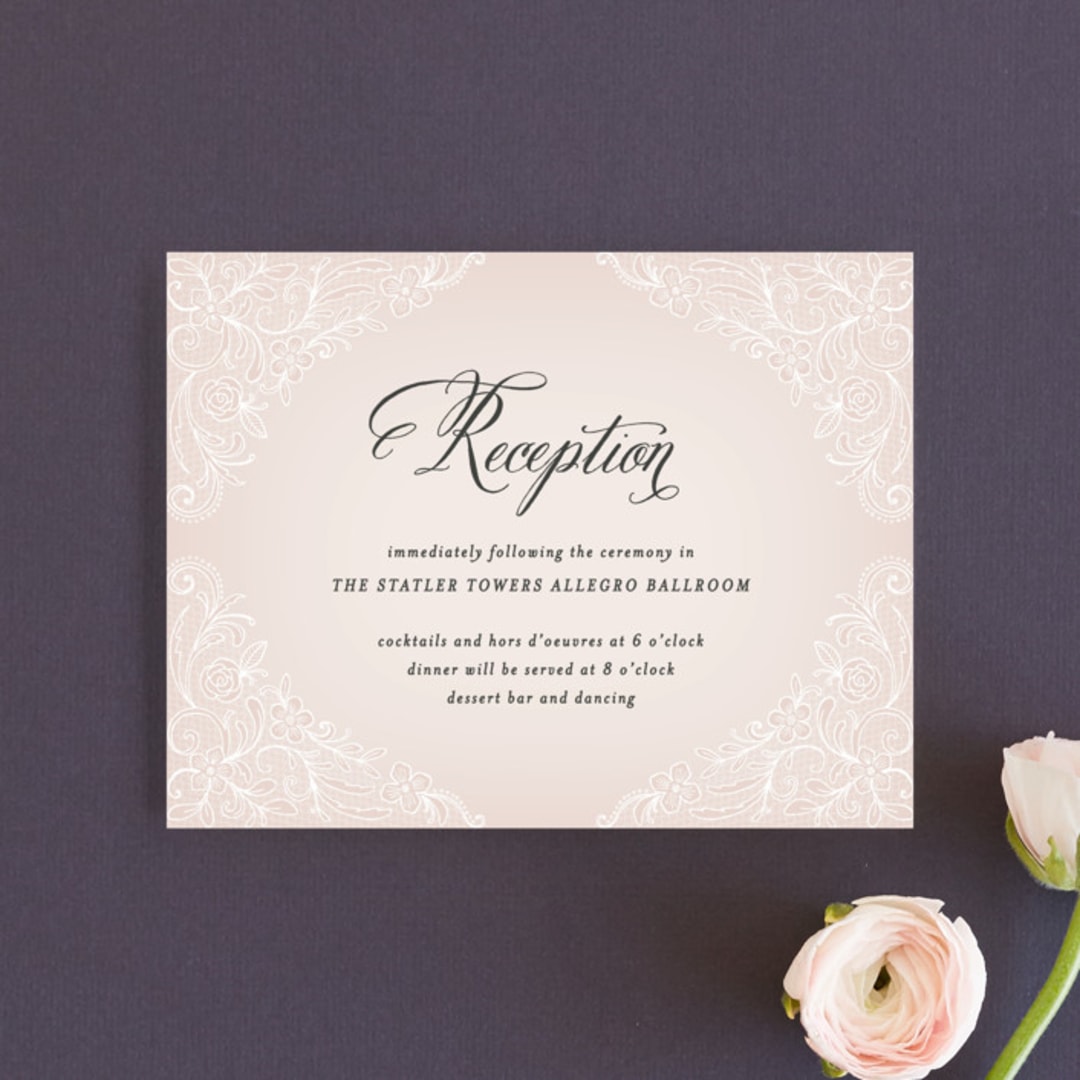 "Elegant Lace" - Reception Cards in Blush by Hooray Creative - Front