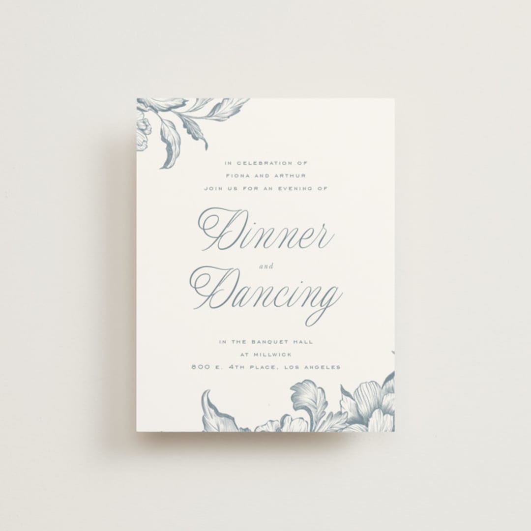 "Wreath In Bloom" - Reception Cards in Lake by Leah Bisch - Front