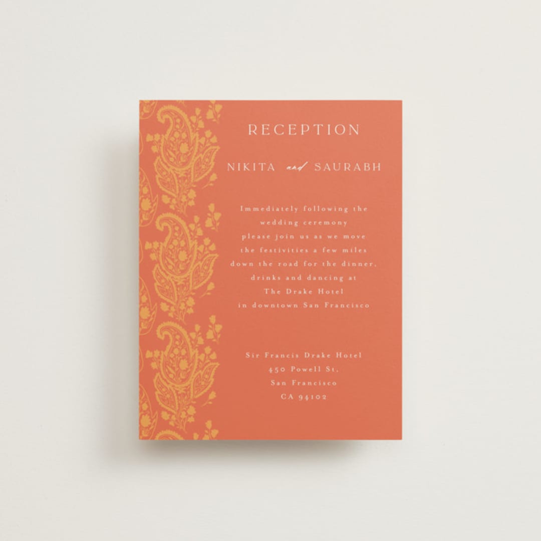 "Heritage Paisley" - Reception Cards in Tangerine by Kanika Mathur - Front