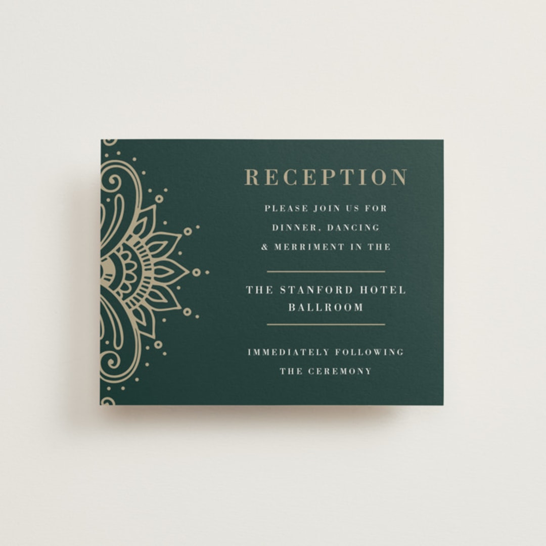 "Engraved Paisley" - Reception Cards in Cardamom by Oma N. Ramkhelawan - Front