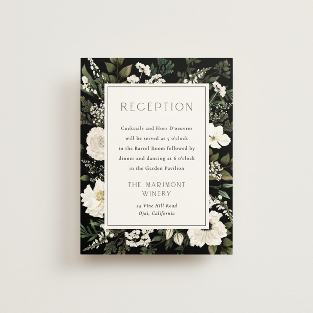 "Botanical Love" - Reception Cards in Black Tie by Susan Moyal - Front
