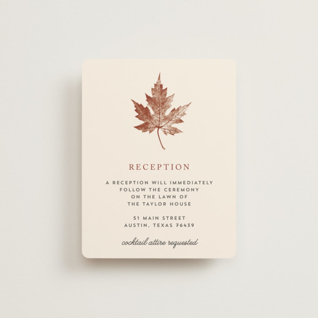 "Leaf Print" - Reception Cards in Rust by Katharine Watson - Front