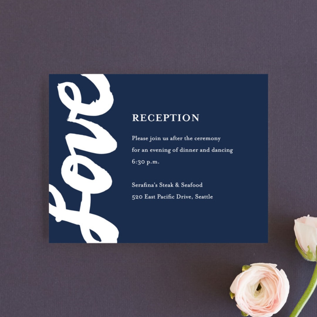 "Brushed Love" - Reception Cards in Night Navy by Lisa Guerrero - Front