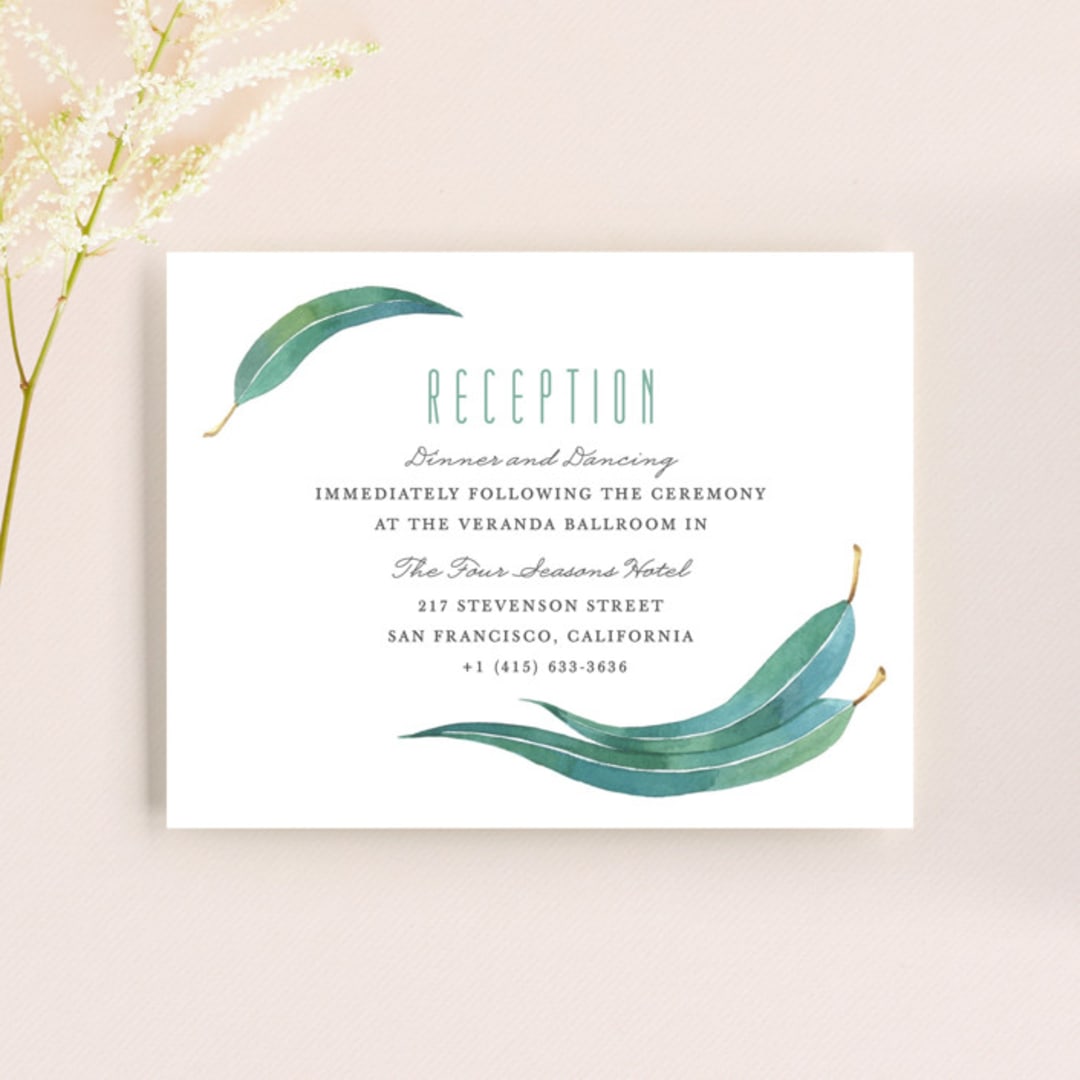 "Eucalyptus Leaves" - Reception Cards in Eucalyptus by Shannon Chen of Four Wet Feet Studio - Front