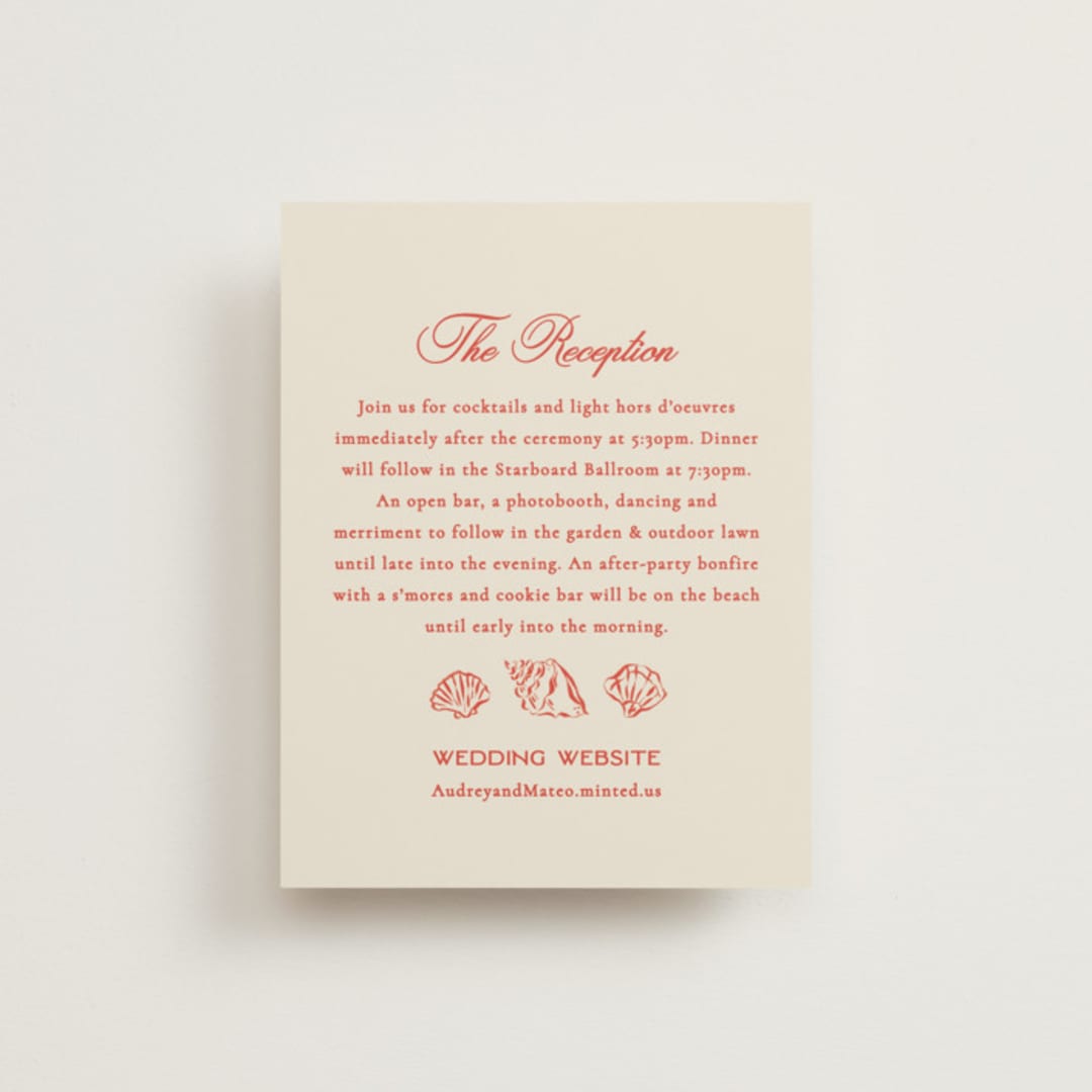 "Kitty Hawk" - Reception Cards in Lobster by Jackie Crawford - Front