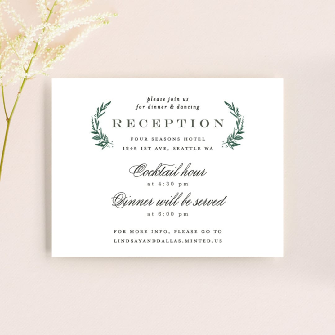 "Elegant Crest" - Reception Cards in Forest Green by Alethea and Ruth - Front