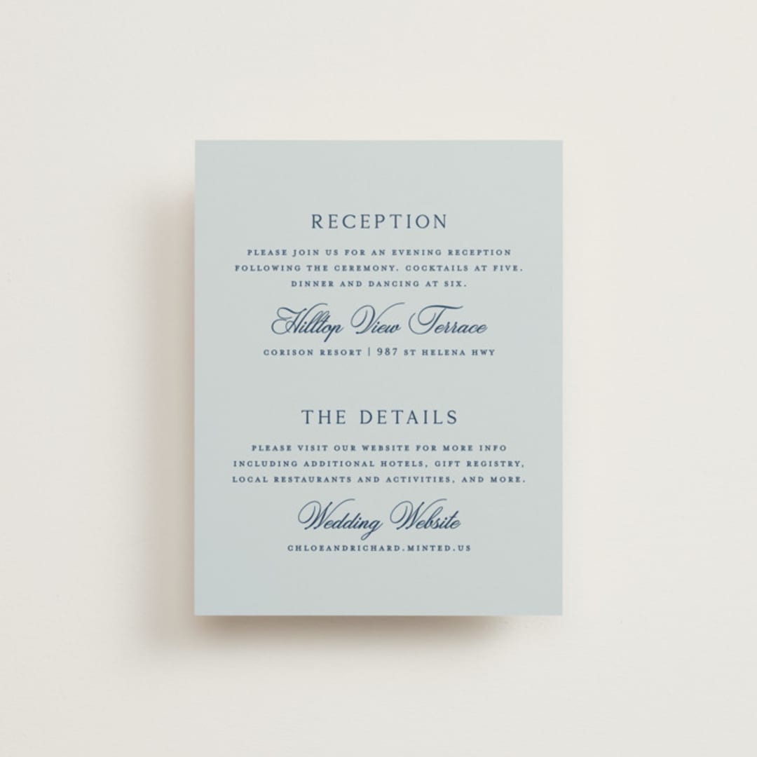 "Landscape Script" - Reception Cards in Sky by Kelly Schmidt - Front