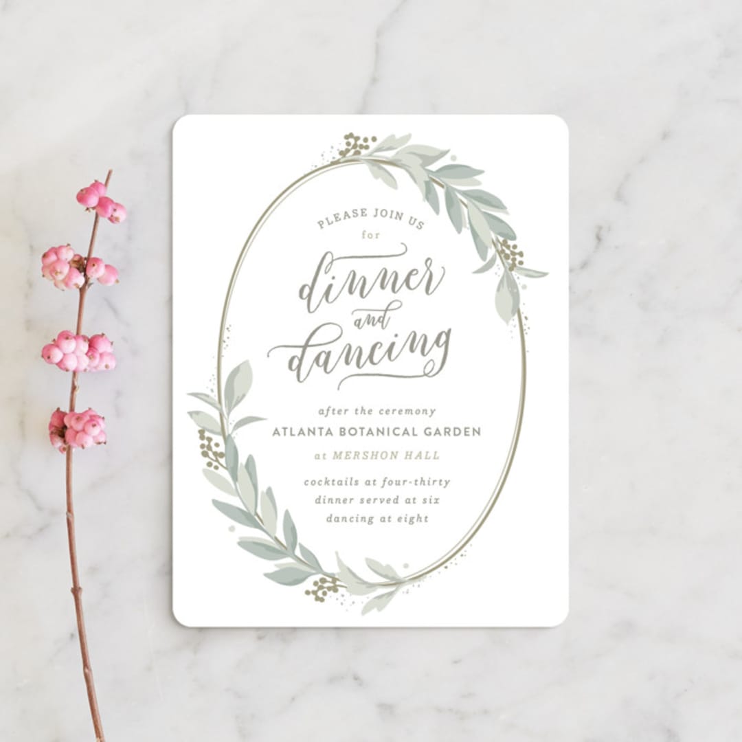 "Modern Wreath" - Reception Cards in Sage by Hooray Creative - Front