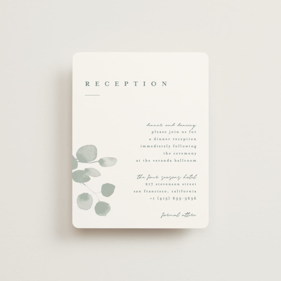 "Silver Dollar Eucalyptus" - Reception Cards in Silver Dollar by Shannon Chen of Four Wet Feet Studio - Front