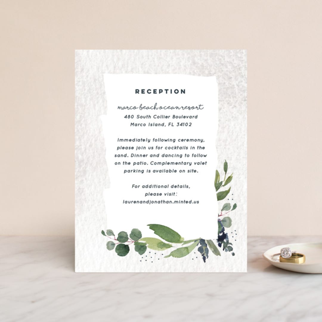 "Euca On A Whim" - Reception Cards in Navy by Palm Bridal - Front