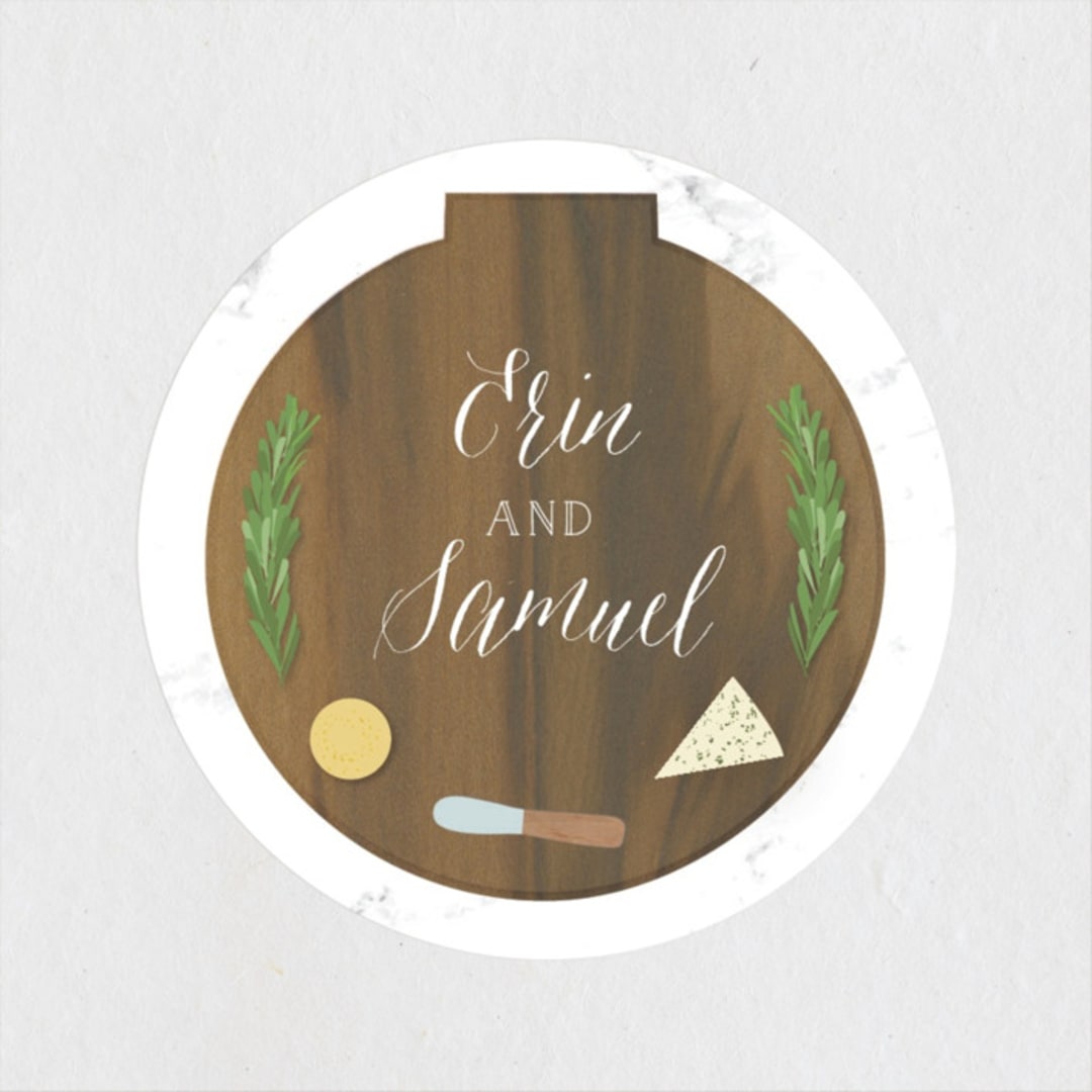 "Pairings Board" - Rehearsal Dinner Favor Stickers in Walnut by Itsy Belle Studio - Front