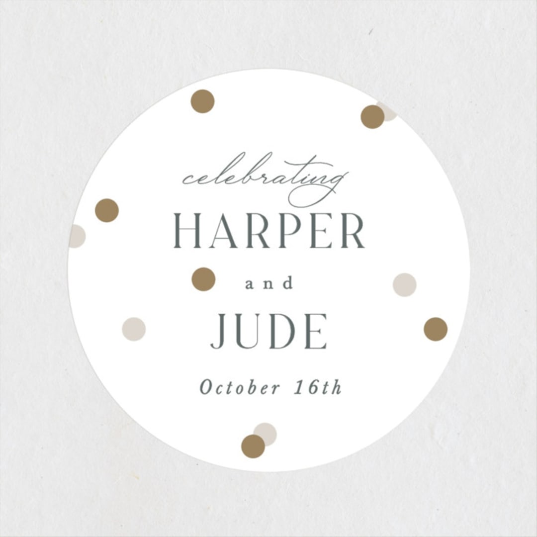 "Confetti" - Rehearsal Dinner Favor Stickers in Linen by Robert and Stella - Front