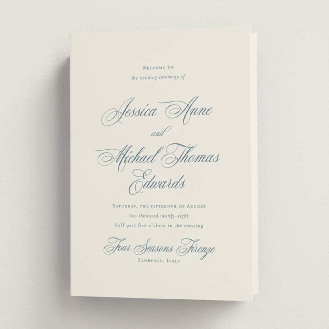 "Empire" - Wedding Programs in Dusty Blue by Jennifer Postorino - Front