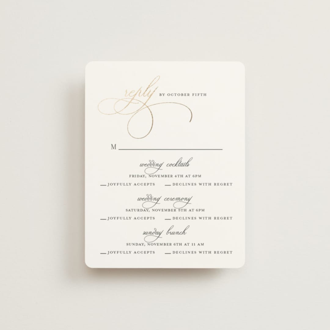 "Elegant Flourish" - Foil-Pressed Multi-Event RSVP Cards in Sugar by Jessica Williams - Front