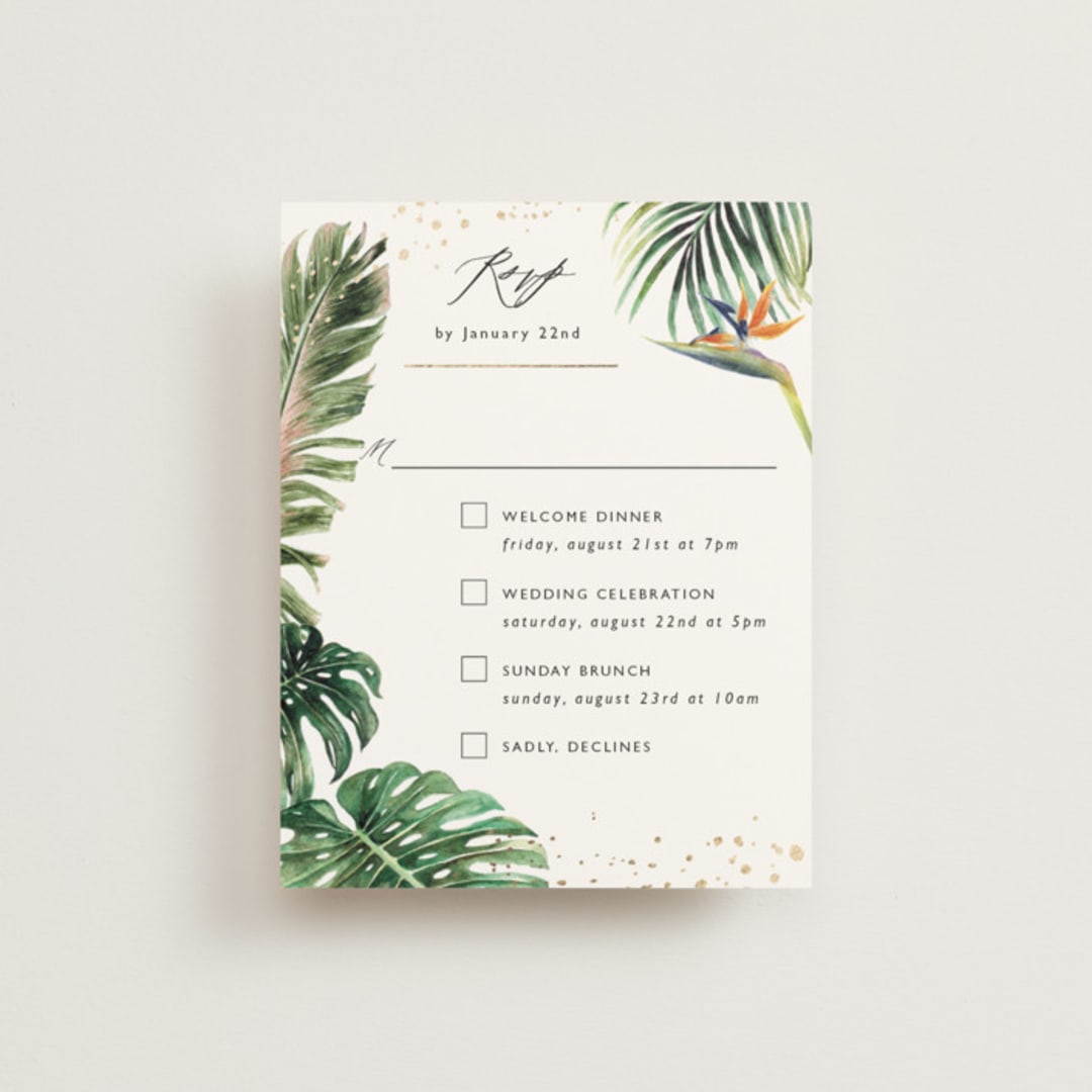 "Our Paradise" - Foil-Pressed Multi-Event RSVP Cards in Tropical by Elly - Front