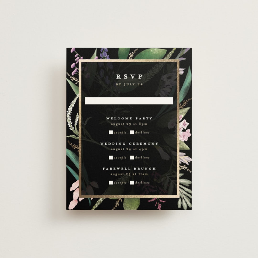 "Bold Bouquet" - Foil-Pressed Multi-Event RSVP Cards in Midnight by Susan Moyal - Front