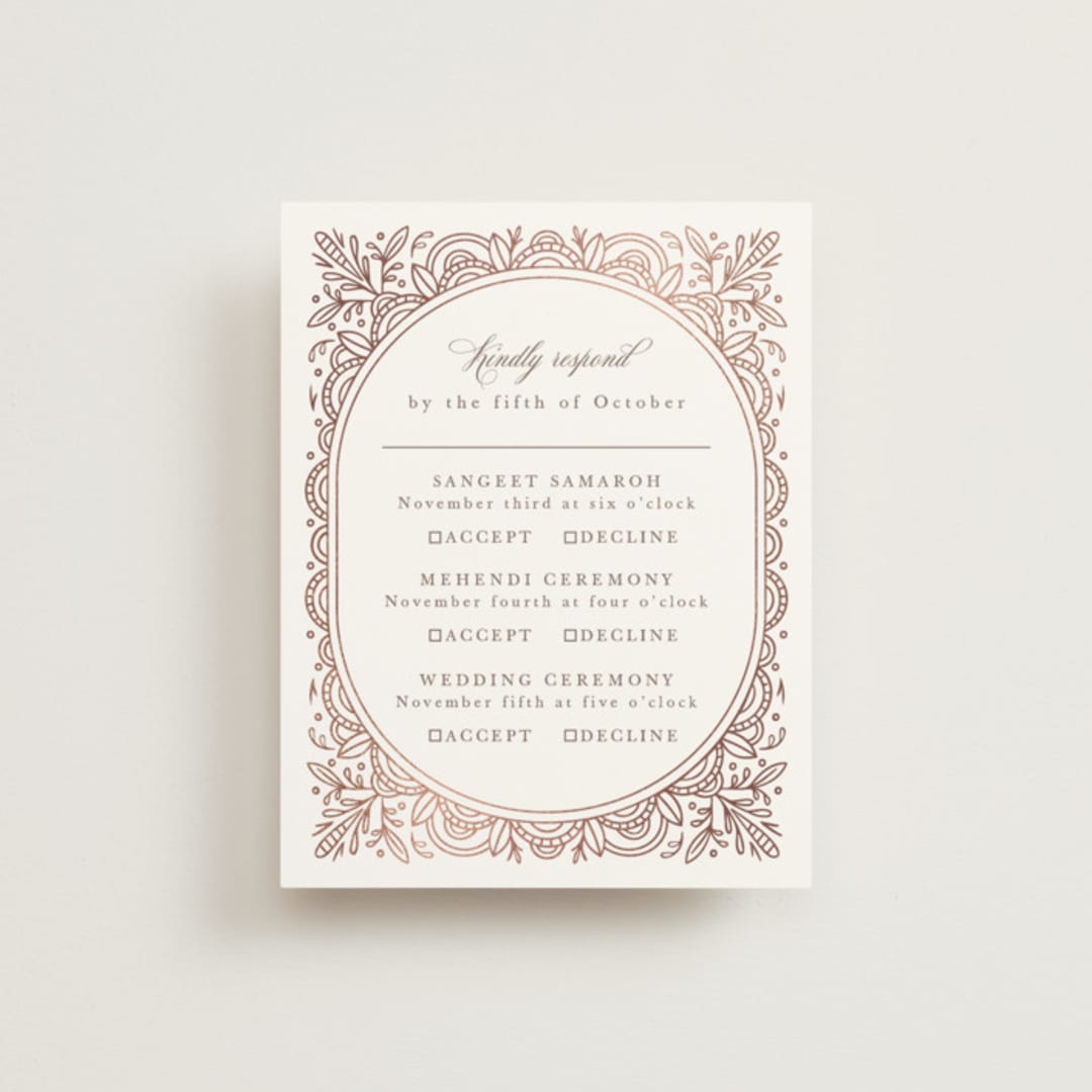 "Zardozi" - Foil-Pressed Multi-Event RSVP Cards in Amethyst by Mansi Verma - Front