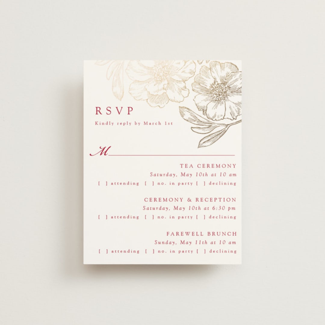 "Double Peony" - Foil-Pressed Multi-Event RSVP Cards in Ruby by Janean Hinger - Front