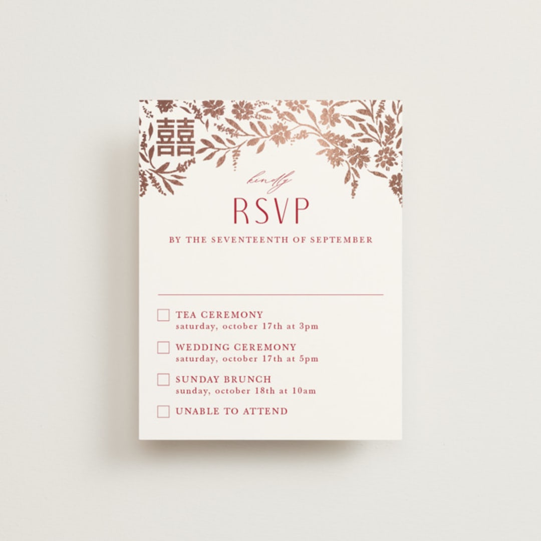 "Garden Vines" - Foil-Pressed Multi-Event RSVP Cards in Ruby by Yaling Hou Suzuki - Front