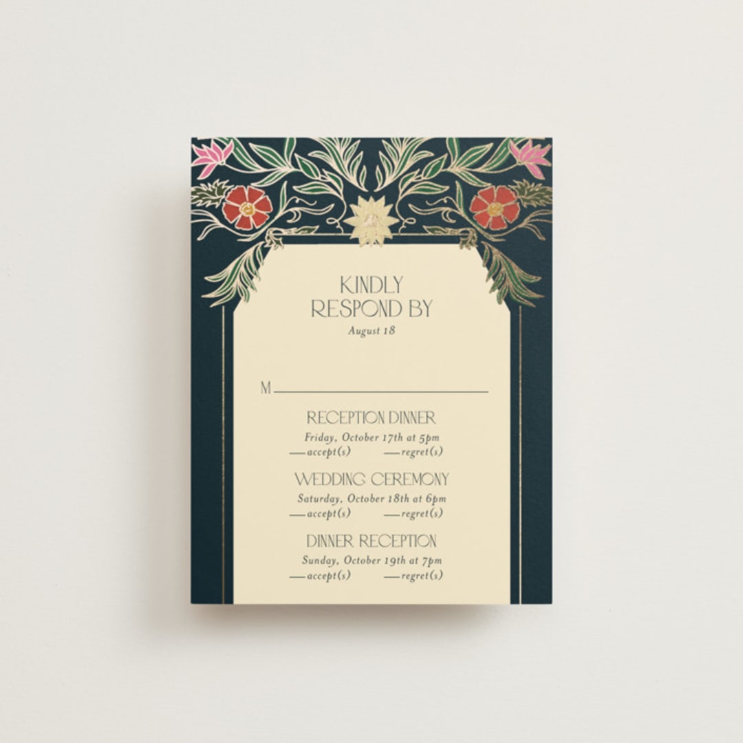 "Gilded Tapestry" - Foil-Pressed Multi-Event RSVP Cards in Midnight Garden by Simona Camp - Front